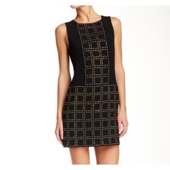 Trina Turk Blake Dress Gold Studded Black Crepe Mini Sheath Sleeveless Size 2 - Picture 1 of 15
